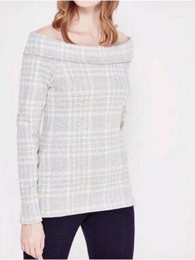 Banana Republic Light Gray Plaid Off-the-Shoulder Sweater